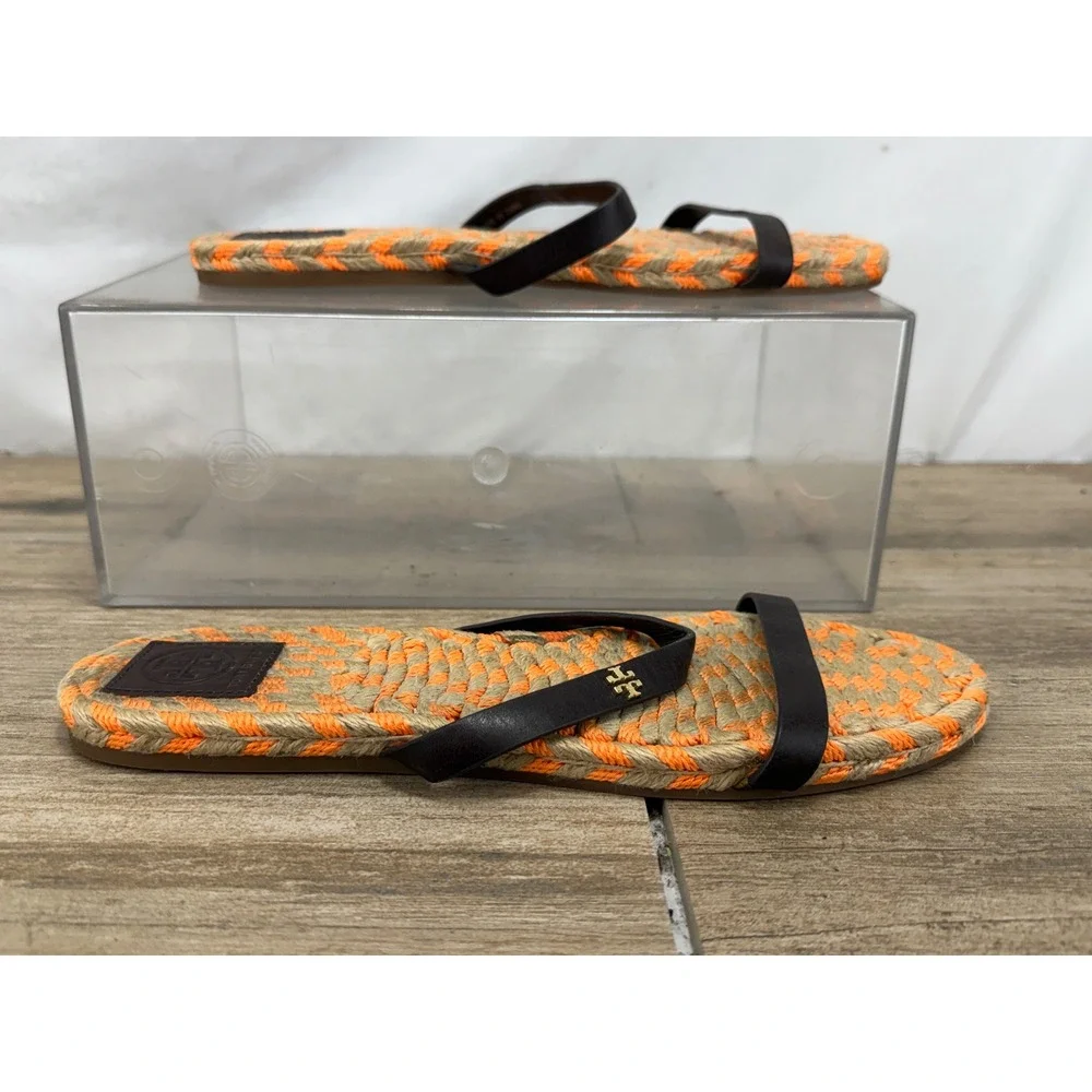 Tory‎ Burch Women Orange Tan Woven Rope Espadrille Sandals Brown Leather 9.5